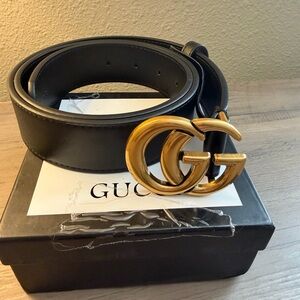 Gucci Marmont Black Leather Belt with Gold Logo Size 85
